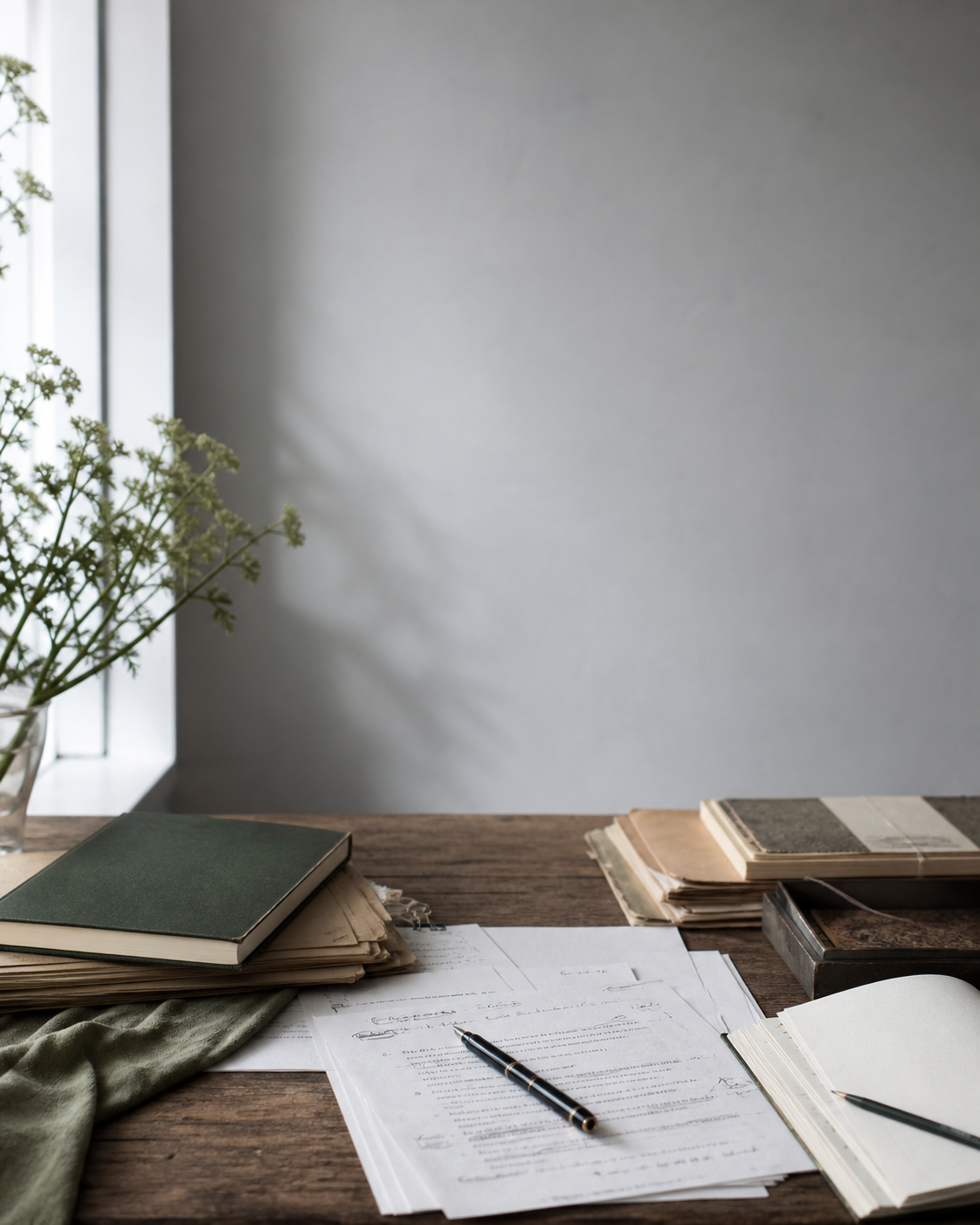An editor's desk with manuscript pages, notebooks, and a pen in window light